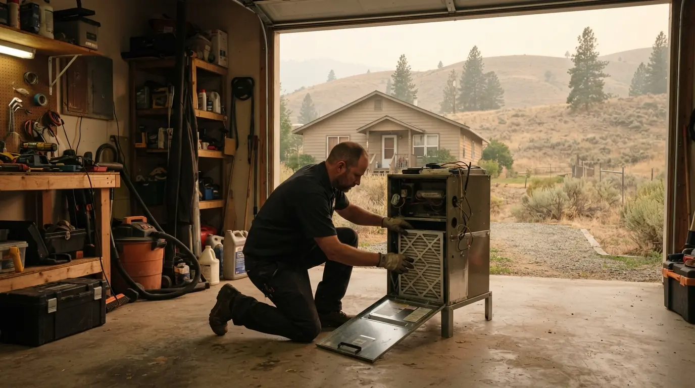 Technician servicing a system at an Omak home