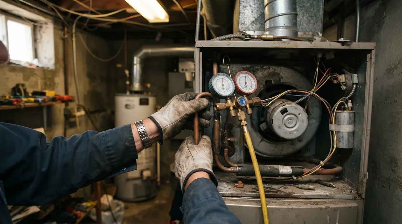 Technician changing filters on a commercial rooftop unit in Spokane