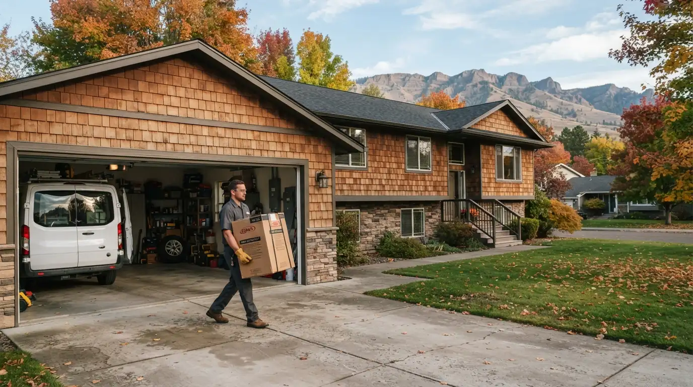 Technician carrying a new furnace into a Spokane Valley home