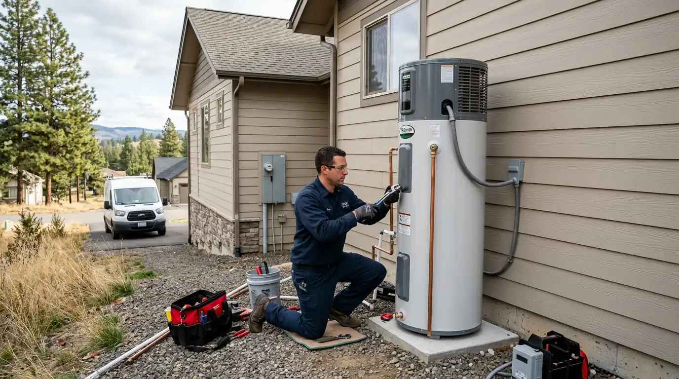 Hybrid heat pump water heater installed in a Spokane basement