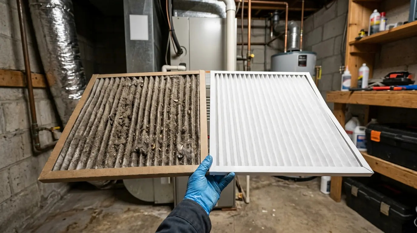 Homeowner comparing furnace filters in a Spokane utility room