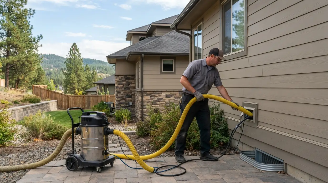 Technician cleaning a supply duct with a rotary brush in a Spokane home
