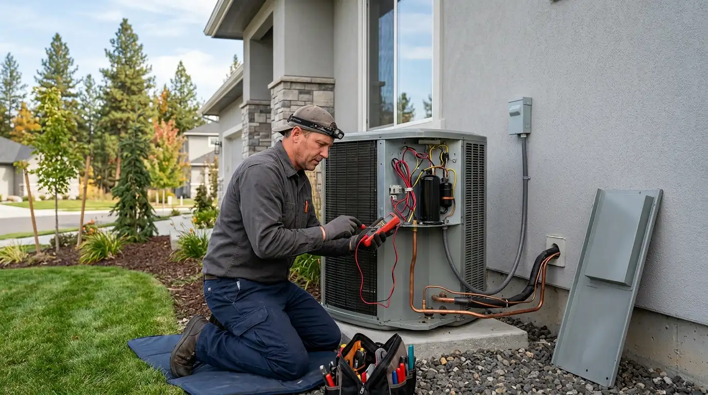Heat pump outdoor unit covered in ice beside a Spokane home