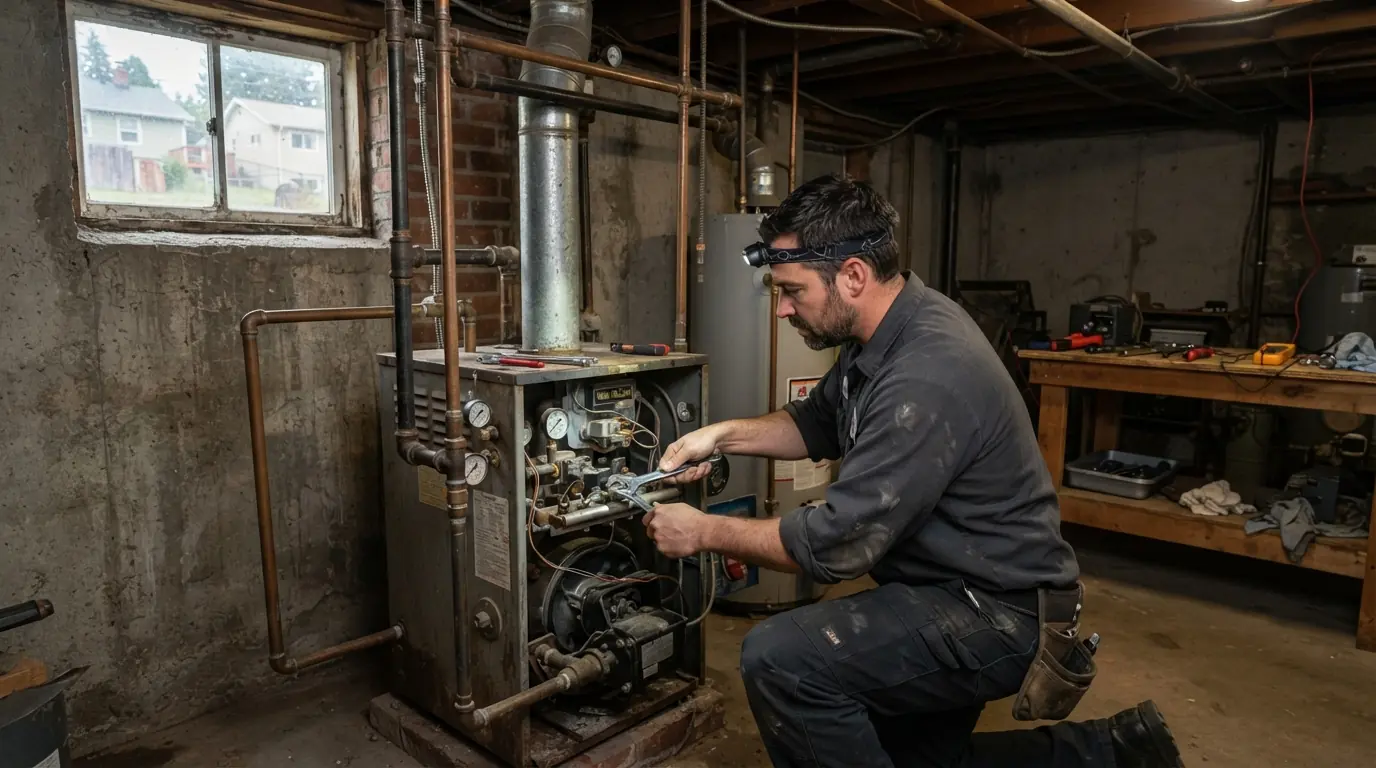 Technician checking the pressure gauge on a gas boiler in Spokane
