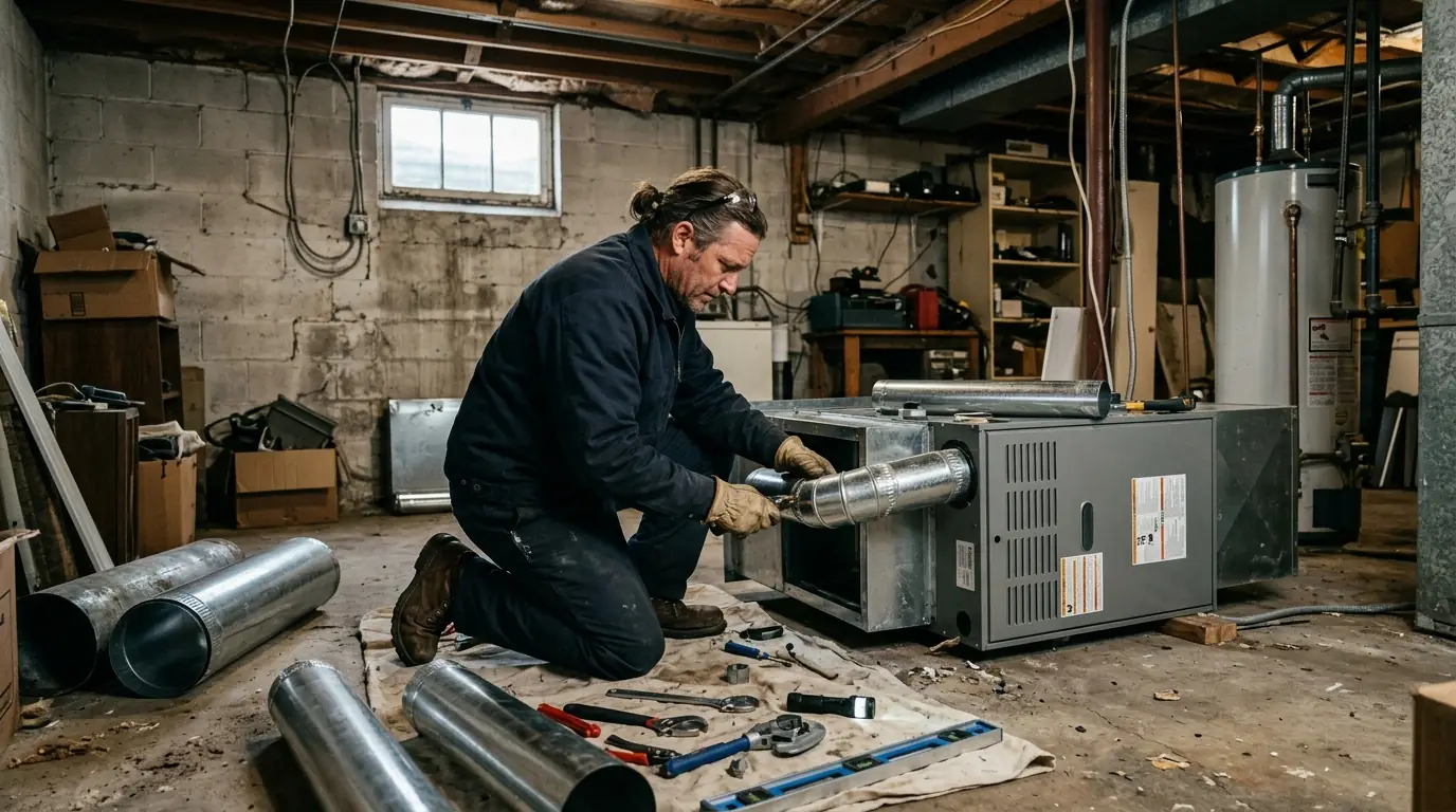 New high-efficiency gas furnace installed in a Spokane basement