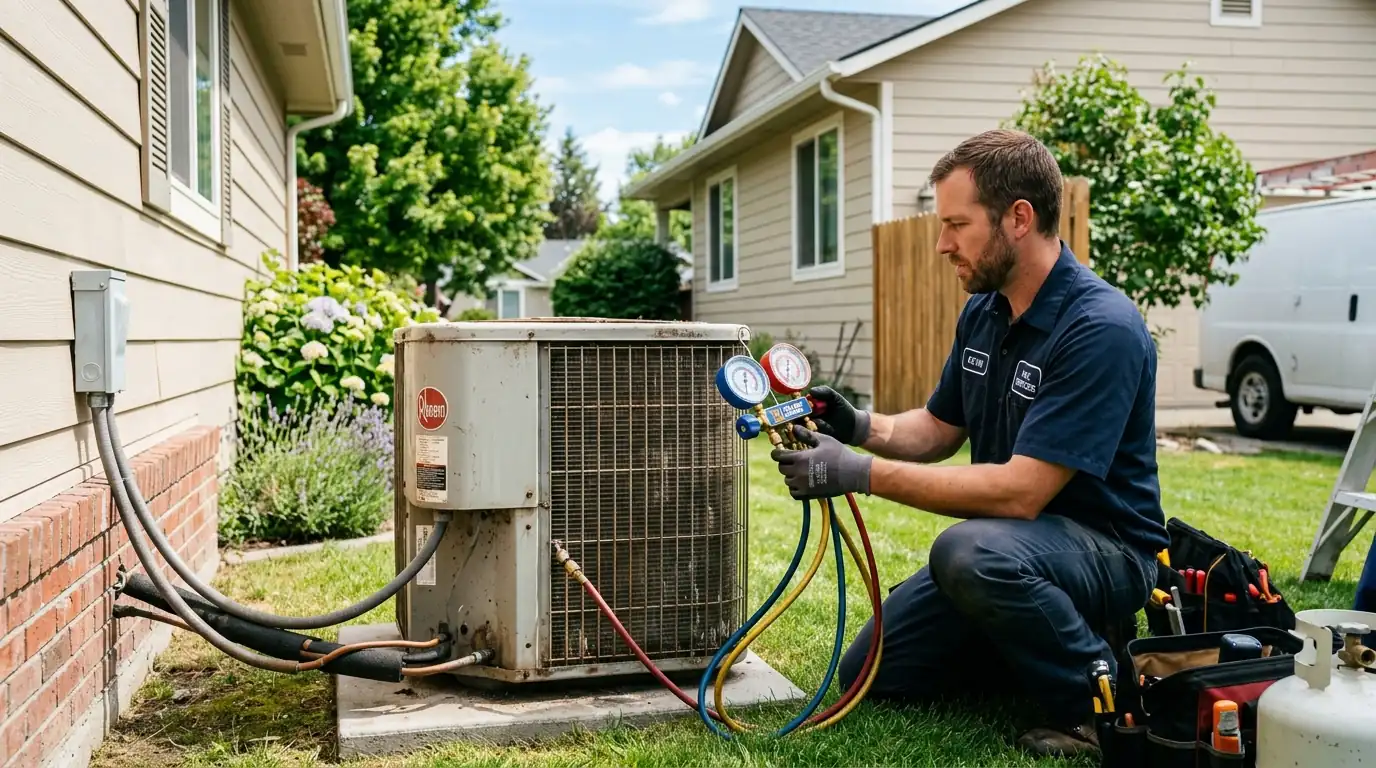 Technician with refrigerant gauges on an older condenser beside a Spokane home