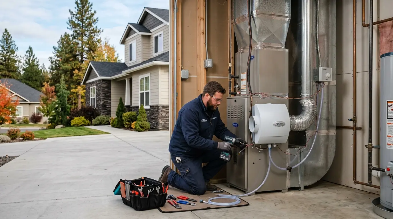 Whole-house humidifier mounted on a furnace in a Spokane basement