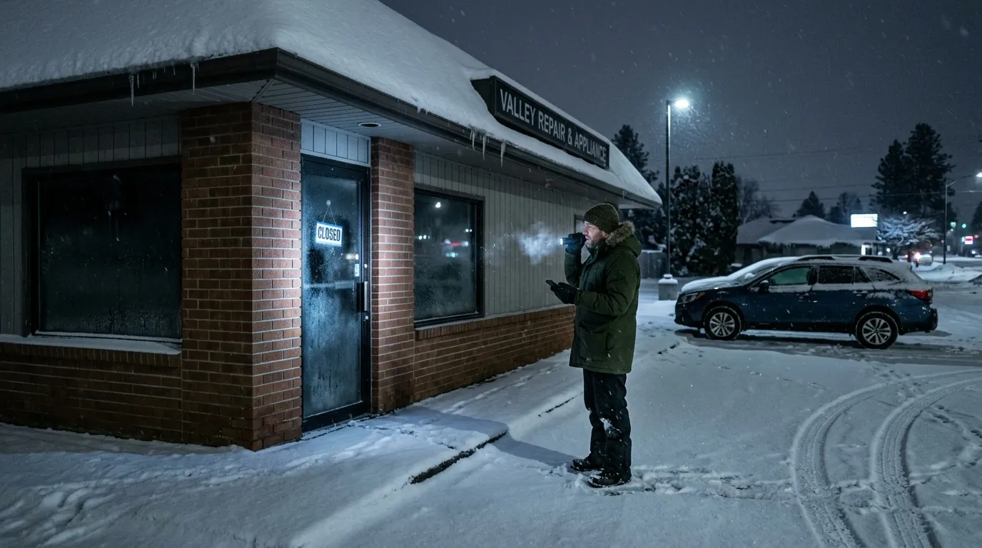 Technician arriving at a Spokane home at night for a no-heat call